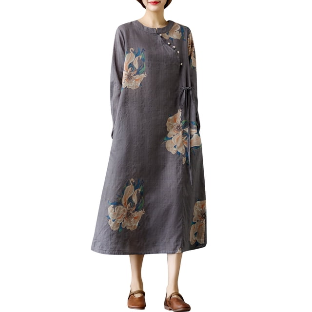 Vestido vintage de manga larga para mujer con bolsillos Vestido informal suelto con estampado f CACAGOO Vestido