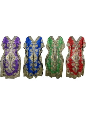Mogul Womens Bright Colors 4PC Maxi Kimono Caftan Printed V-Neck Beach Wear THE GYPSY LOUNGE Cover Up 4XL