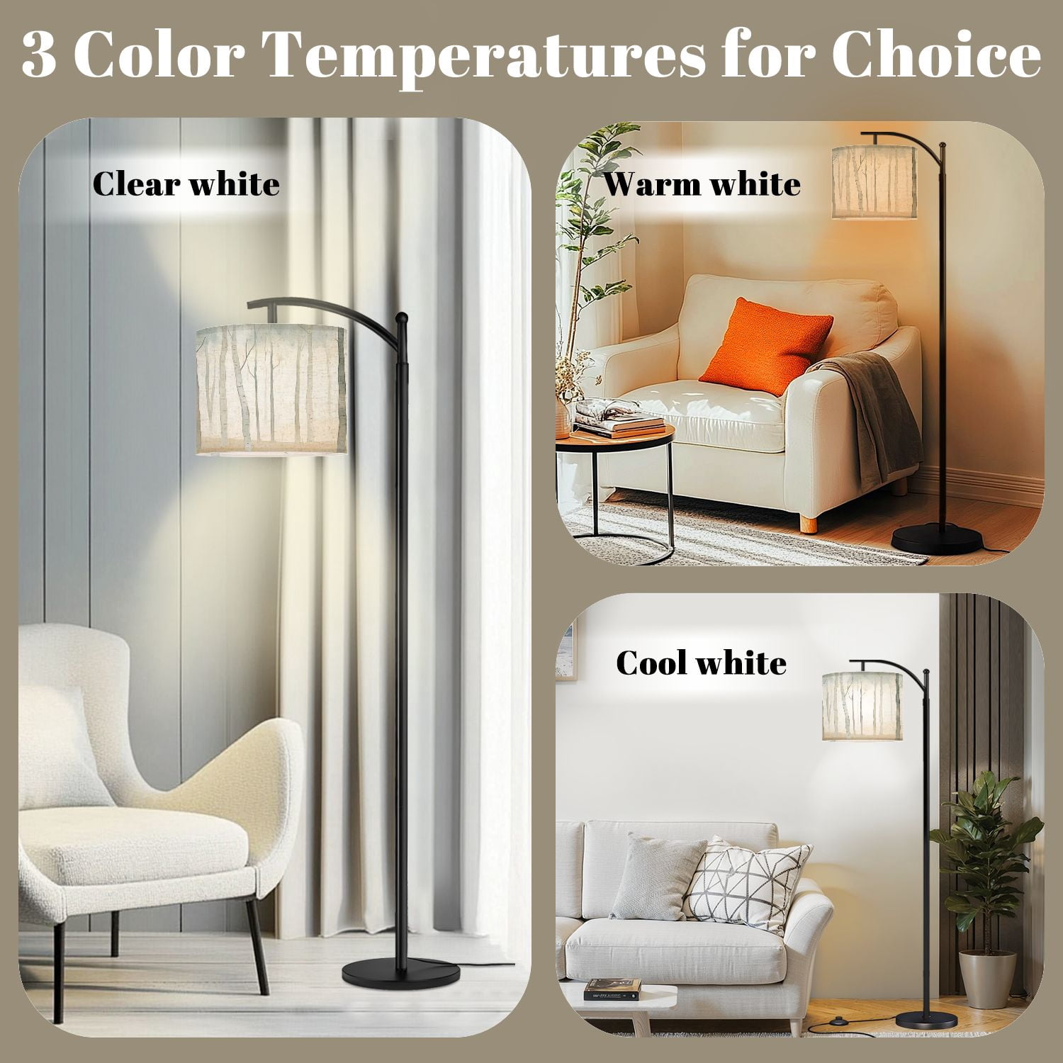 Arc Floor Lamp, 3 Color Temperatures Modern Floor Lamps Mysterious Birch Tree Taupe Adjustable Tall Standing Reading Lamp with Linen Texture Shade for Living Room, Bedroom, Office