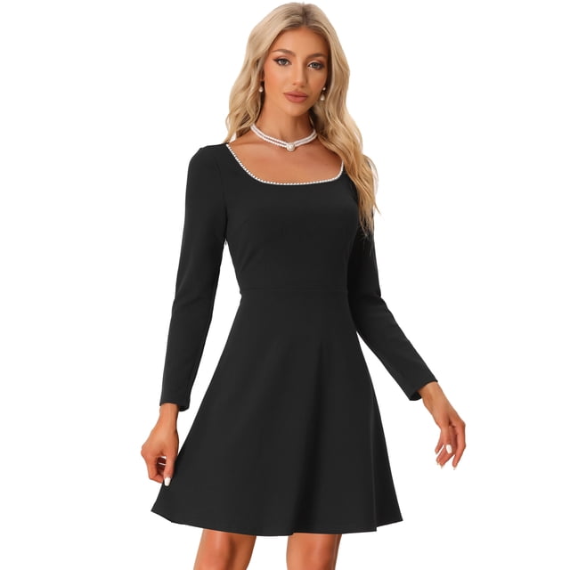 Vestido Acampanado Elegante De Cintura Alta Con Cuentas Y Cuello Redondo Para Mujer Negro M
