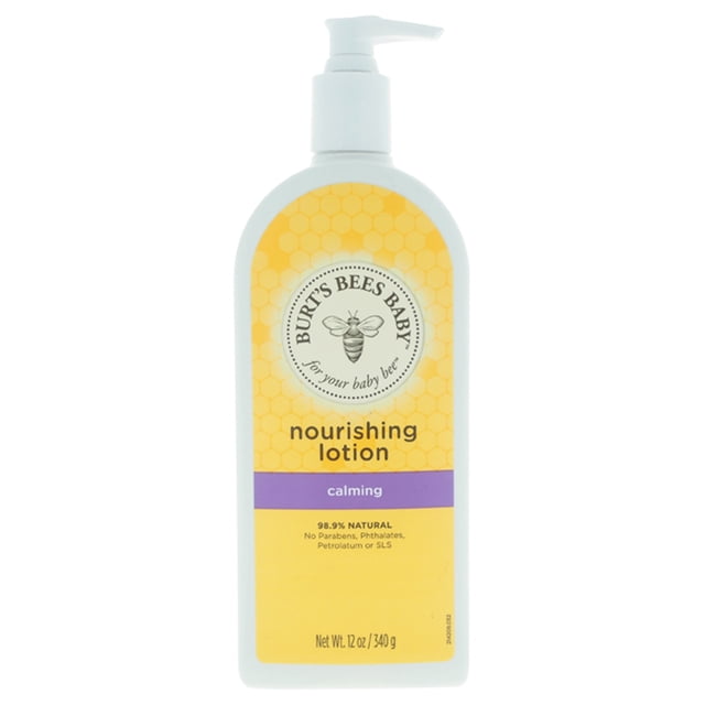 burts bees loción loción nutritiva calmante para bebés 12 oz botella frontal con dispensador, envase blanco y etiqueta amarilla con diseño de panal, logotipo circular 'Burt's Bees Baby', texto 'nourishing lotion' y banda morada 'calming', neto 12 oz / 340 g.