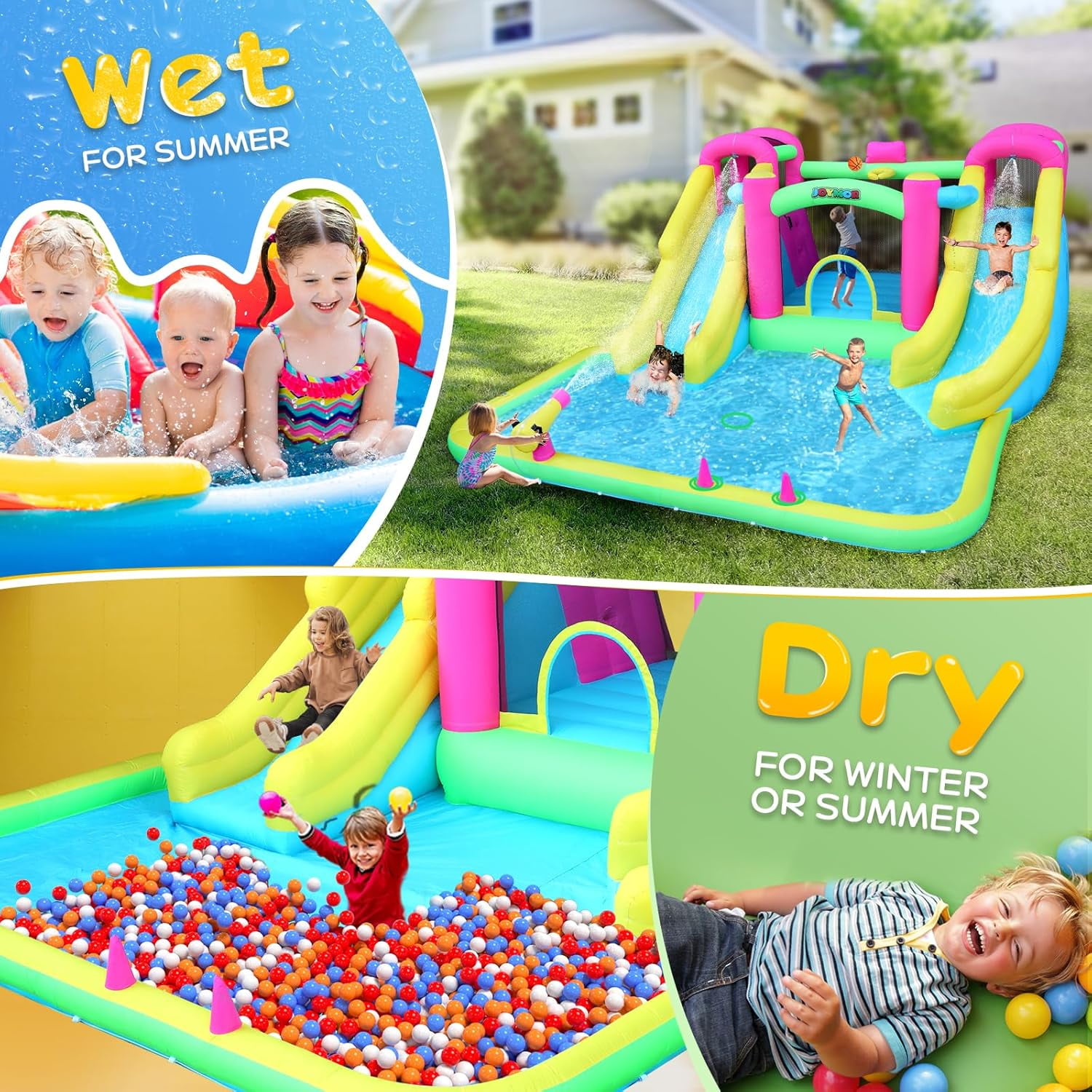 JOYMOR 8-in-1 Inflatable Water Slide Bounce House for Kids Backyard w/2 Slides, 2 Climbing Wall, Ring-Toss, Large Pool, 1min Blow Up Water Slide Includes 750w Air Blower, Storage Bag