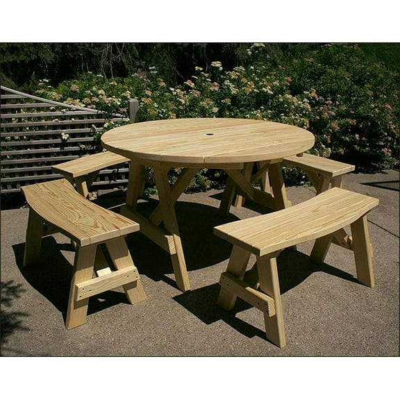 Fifthroom 60" Treated Round Pine Picnic Table with 4 Curved Benches, Natural