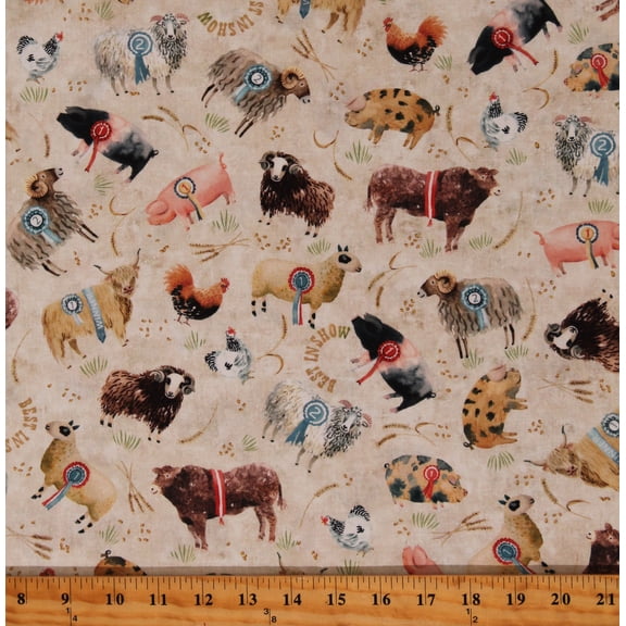 Cotton County Fair Prize Animals Pigs Sheep Chickens Show Awards Cream Cotton Fabric Print by the Yard (DC11340-CREM-D)