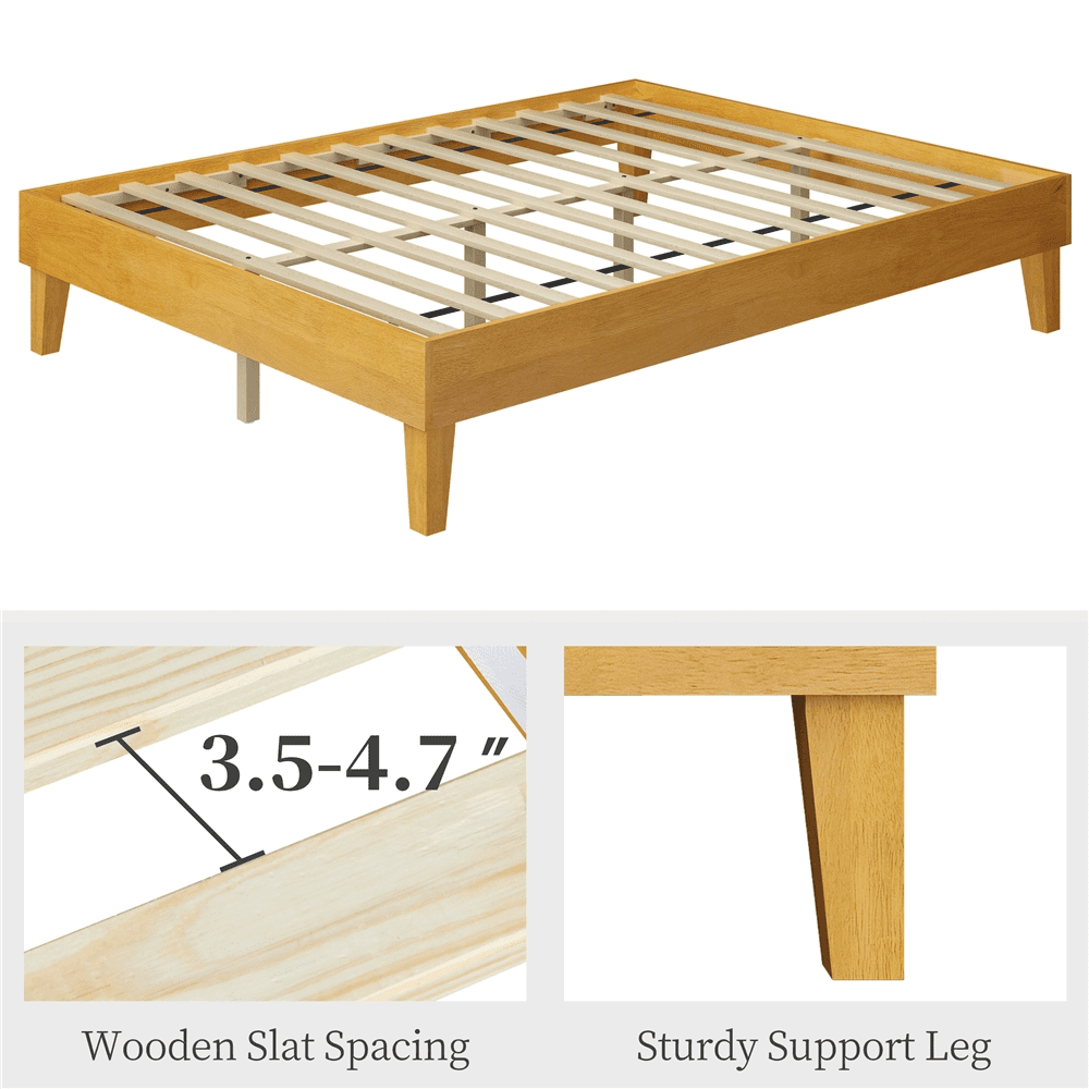 Renwick Queen Size Wooden Platform Bed Frame with Sturdy Slat Support for Adults, Natural Wood