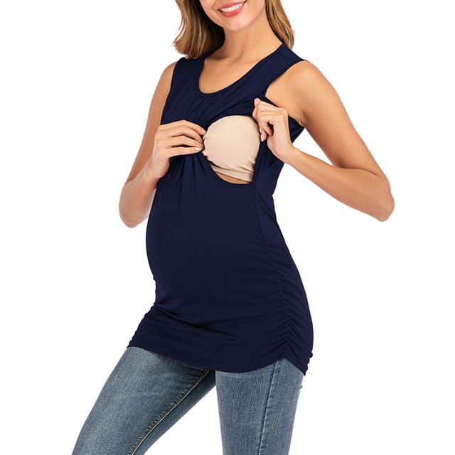 Woman Round Neck Sleeveless Vest Solid Color Maternity Breastfeeding Clothe Top