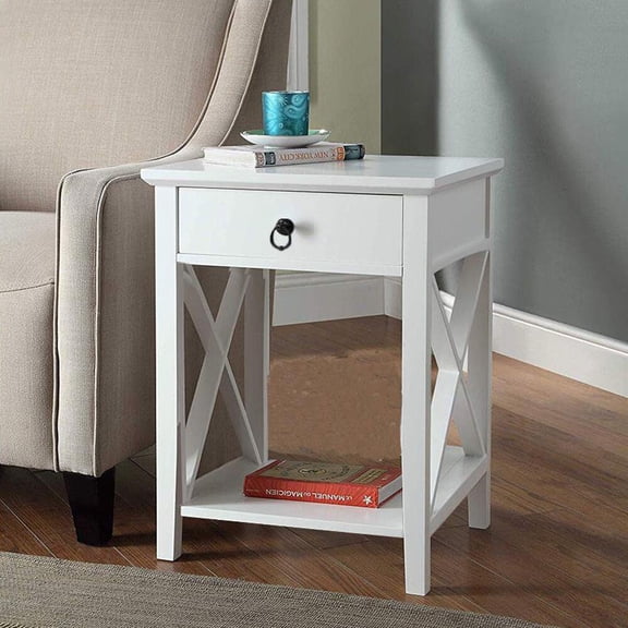 White Nightstand, Small Nightstand with Drawer & Shelf, Farmhouse Night Stand Bedroom, End Table/Bedside Table/White Side Table w/Rustic Handle for Small Spaces, Dorm, Kids Room, Living Room