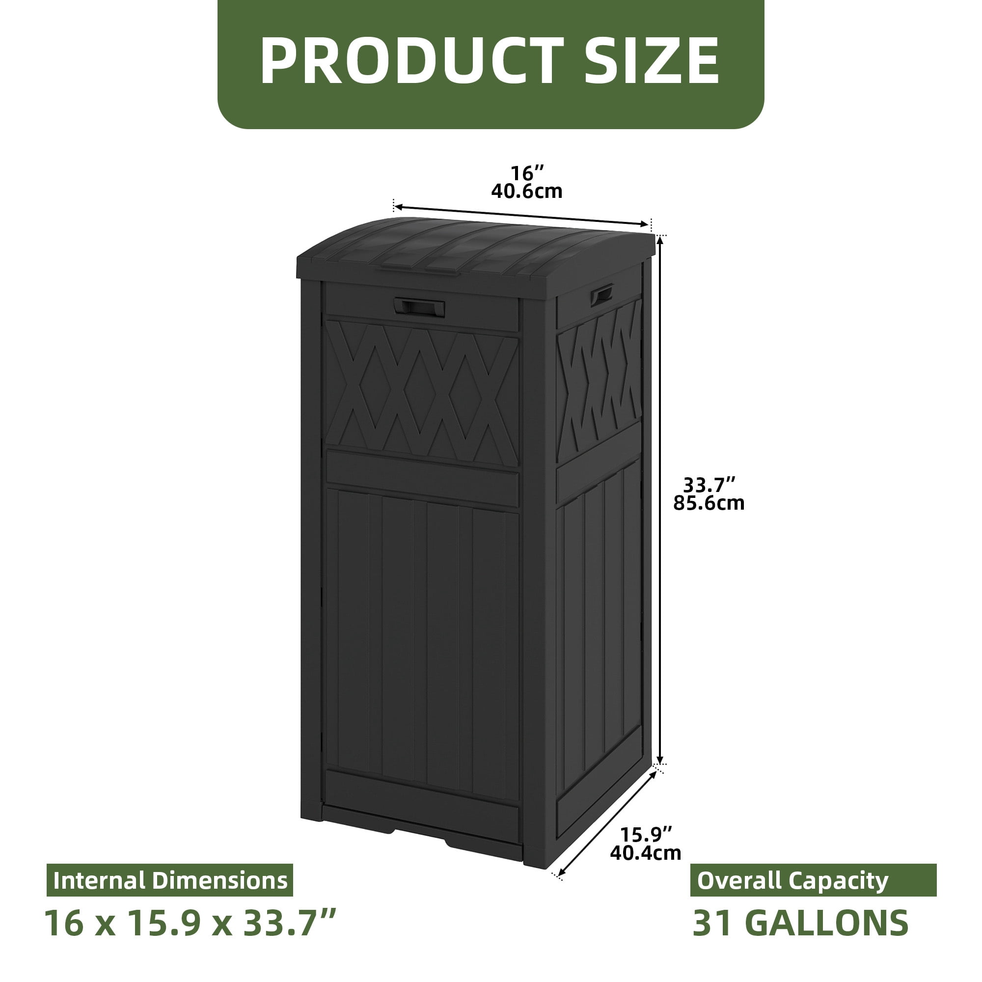 Uforic 33 Gallon Outdoor Trash Can, Layered Lid with Drip Tray, Waterproof Garbage Bin for Patio, Deck, Backyard, Black
