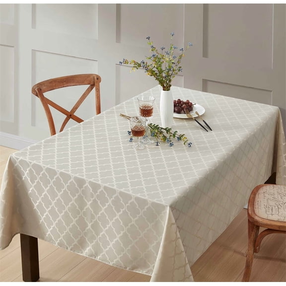 THD Monie Lattice Fabric Tablecloth, Jacquard Fabric Table Cloth for Rectangle Table Advanced Water & Fade Resistance 57 W x 120 L - Beige