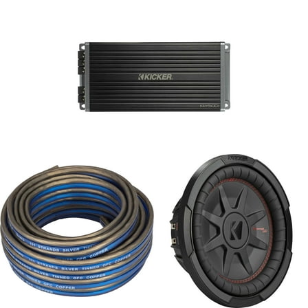 Kicker 48CWRT104 CompRT 10" Subwoofer, DVC, 4-ohm w/ 47Key5001 Amp & Speaker Wire Bundle