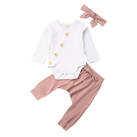

Qiylii Baby 3PCS Fall Outfit Long Sleeve V-Neck Romper Long Ribbed Pant+Hair Band 0-18M
