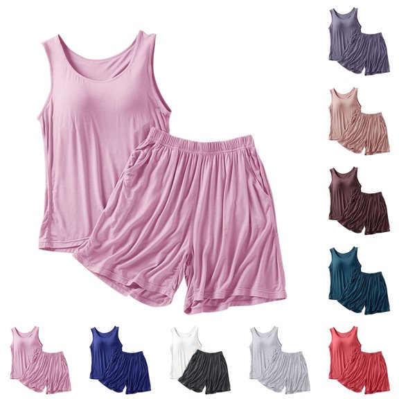 lcziwo Summer Modal Two Piece Set for Women Plus Size Solid Color Pajamas Built in Bra Tank Top and Elastic Waist Short Sleepwear Coffee XXL