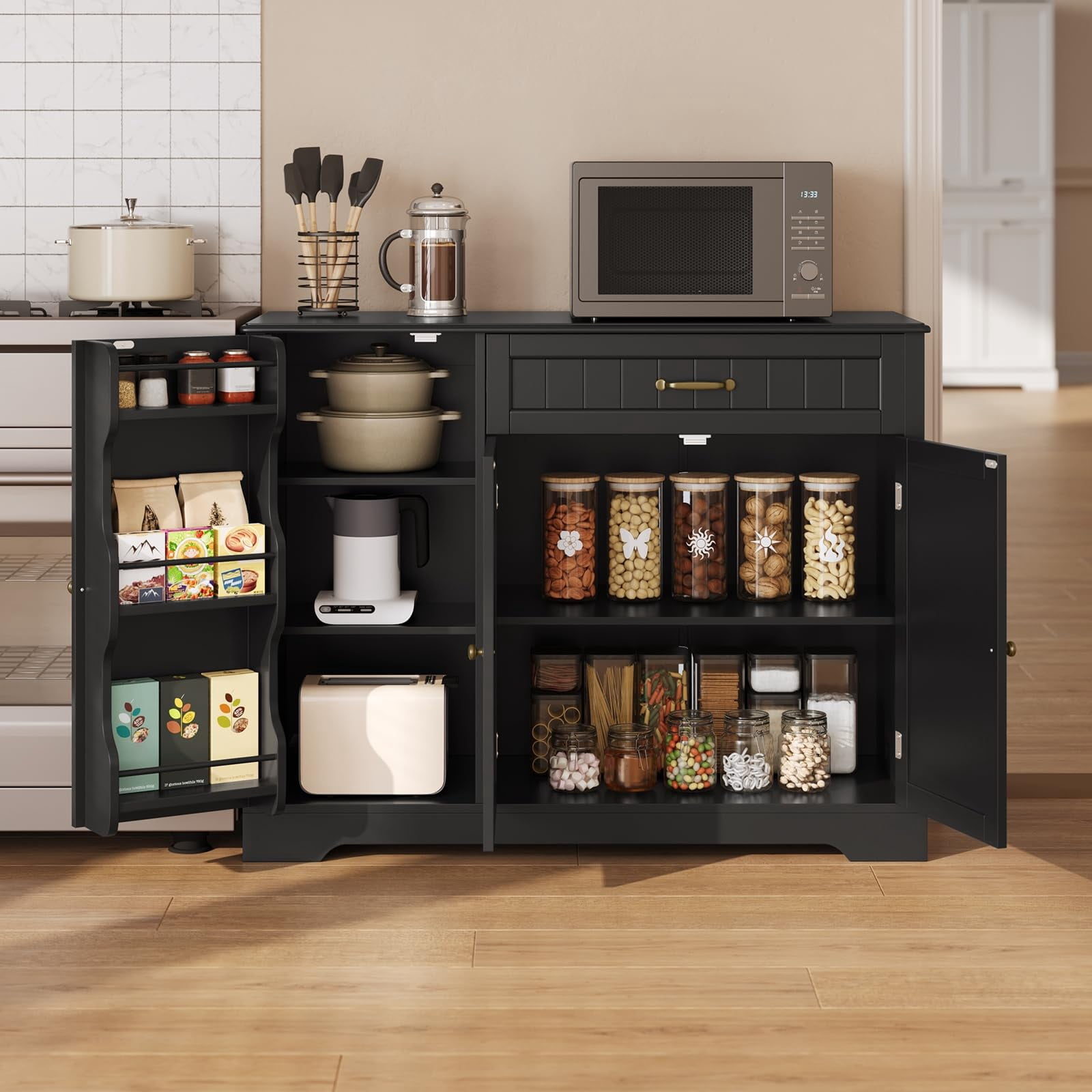 Coffee Bar Cabinet, Lofka 42" Farmhouse Kitchen Storage Sideboard Buffet Cabinet with 8 Shelves & 1 Drawer, Multifunctional Console Table for Dining Living Room Entryway Coffee Station, Black