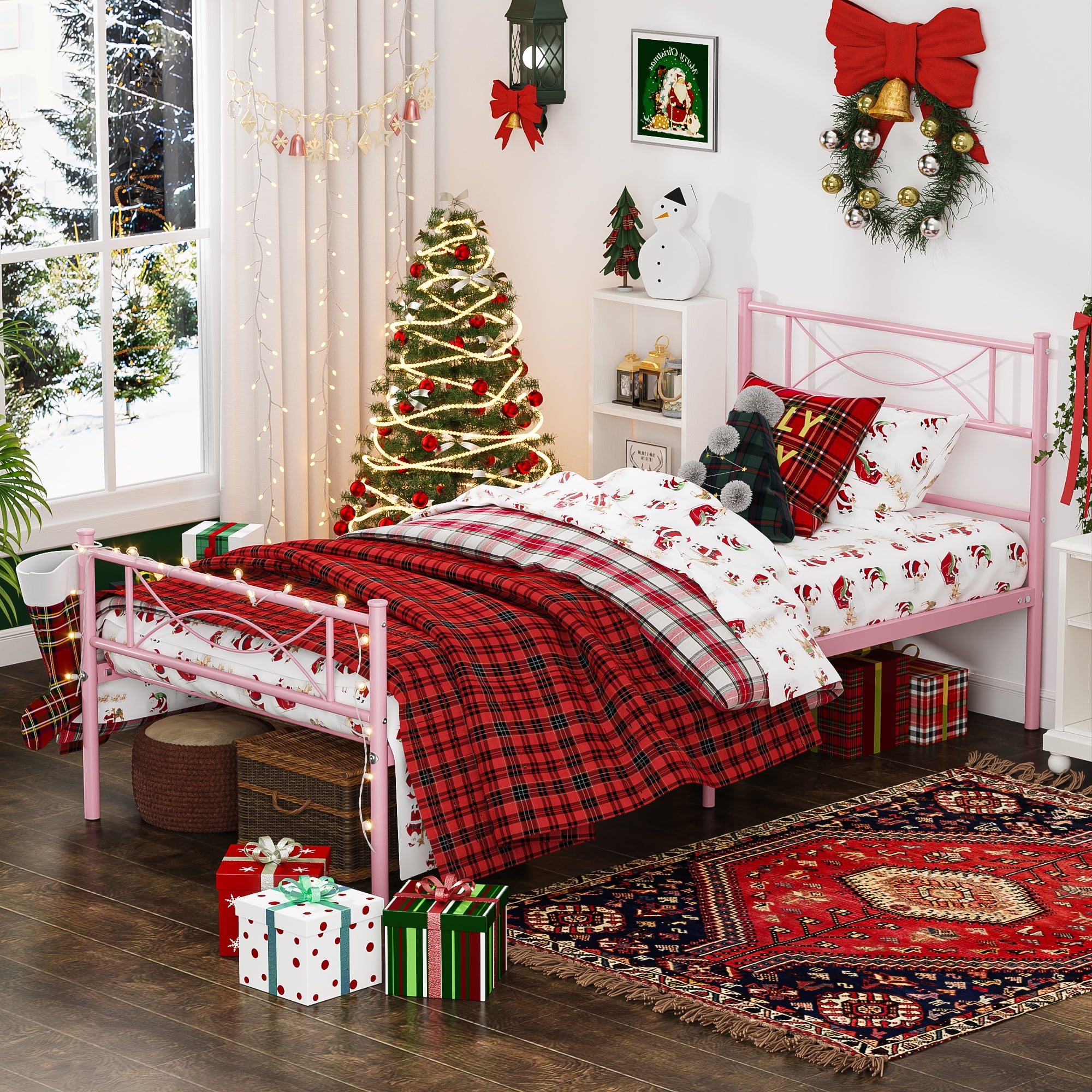 Yoneston Kids Pink Metal Platform Bed Frame Twin Single Bed with Headboard & Footboard for Girls Bedroom Furniture, No Box Spring Needed