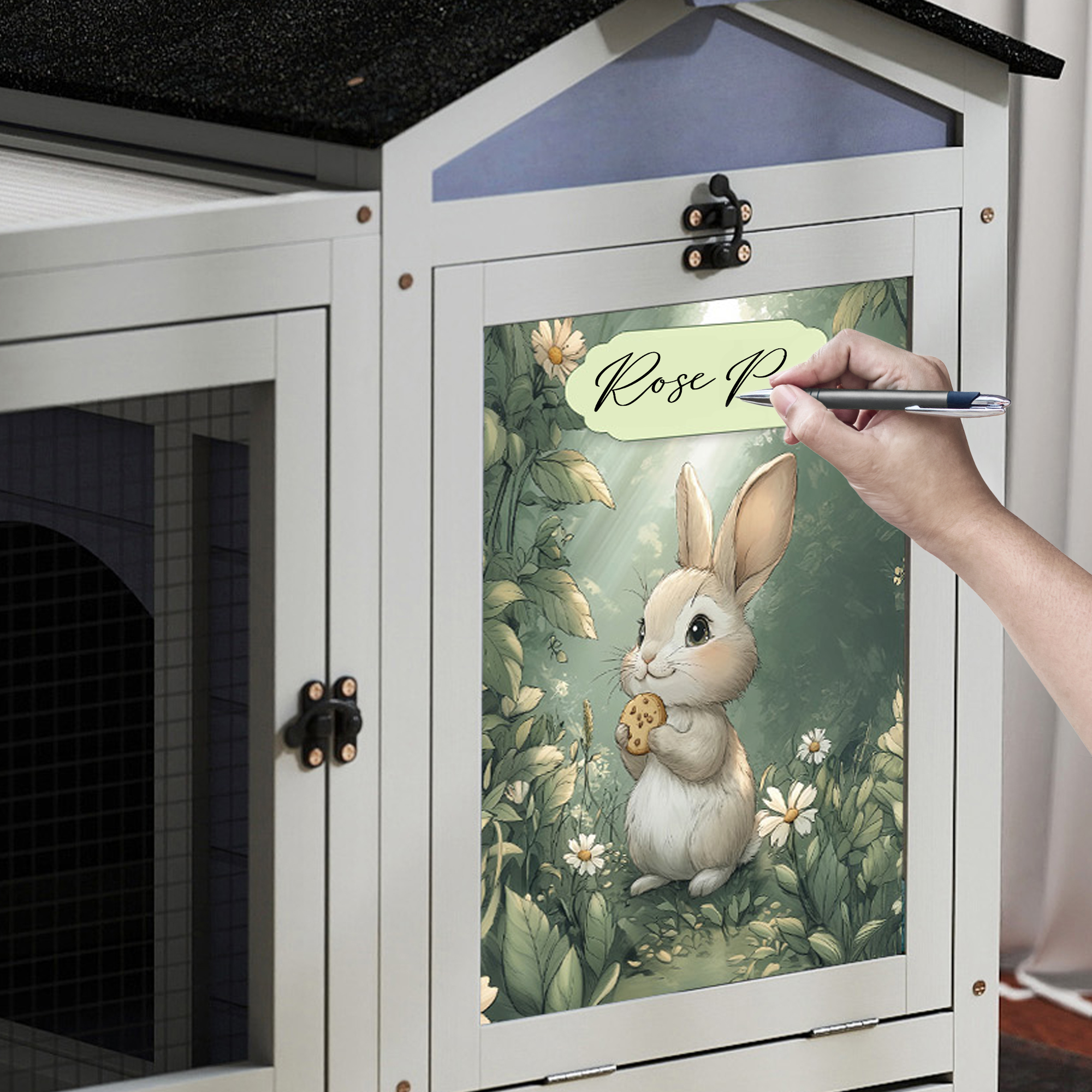 39.5inches Assembled Wood Rabbit Hutch Indoor，Wide Space Small Animal Houses Habitats with Removable Tray&Safety Lock，Bunny Cage with Waterproof Roof&Solar Panels (Grey)