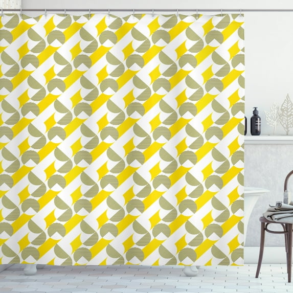 Abstract Shower Curtain, Striped Unfinished Circles and Diagonal Streaks Geometric Modern Vibes, Fabric Bathroom Set with Hooks, 69W X 75L Inches Long, Fawn Mustard and White, by Ambesonne