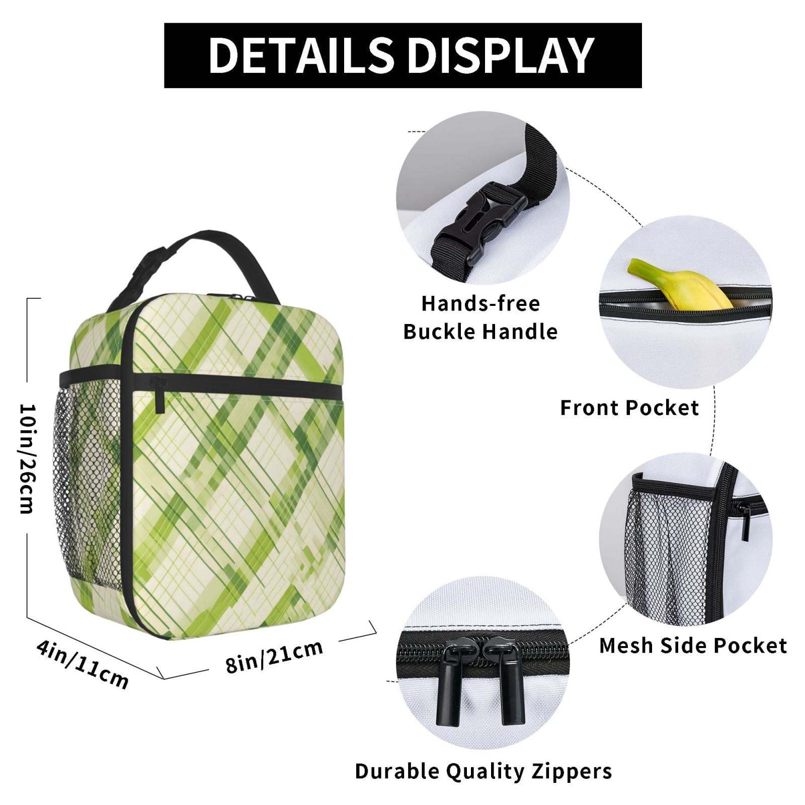 Lunch Bag For Women Men Insulated Portable Lunch Box Bento Box Office Picnic Travel Cooler Bag Lime Houndstooth Hand-Drawn Sketch_4