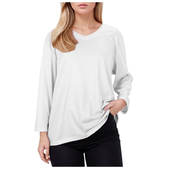 YFELWZ Women's Plus Size Solid Color V Neck Pullover 3/4 Sleeve Casual Base Top White XXL