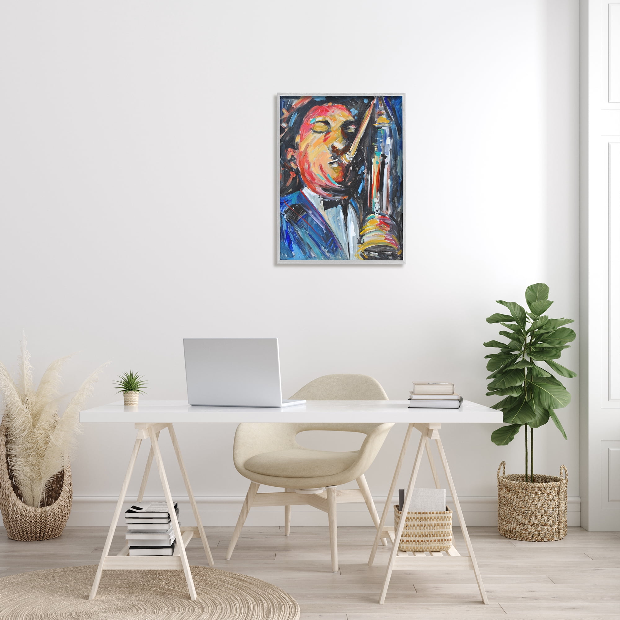 Stupell Industries Expressive Jazz Saxophone Contemporary Musician Portrait Beauty & Fashion Painting Gray Framed Art Print Wall Art, 24 x 30