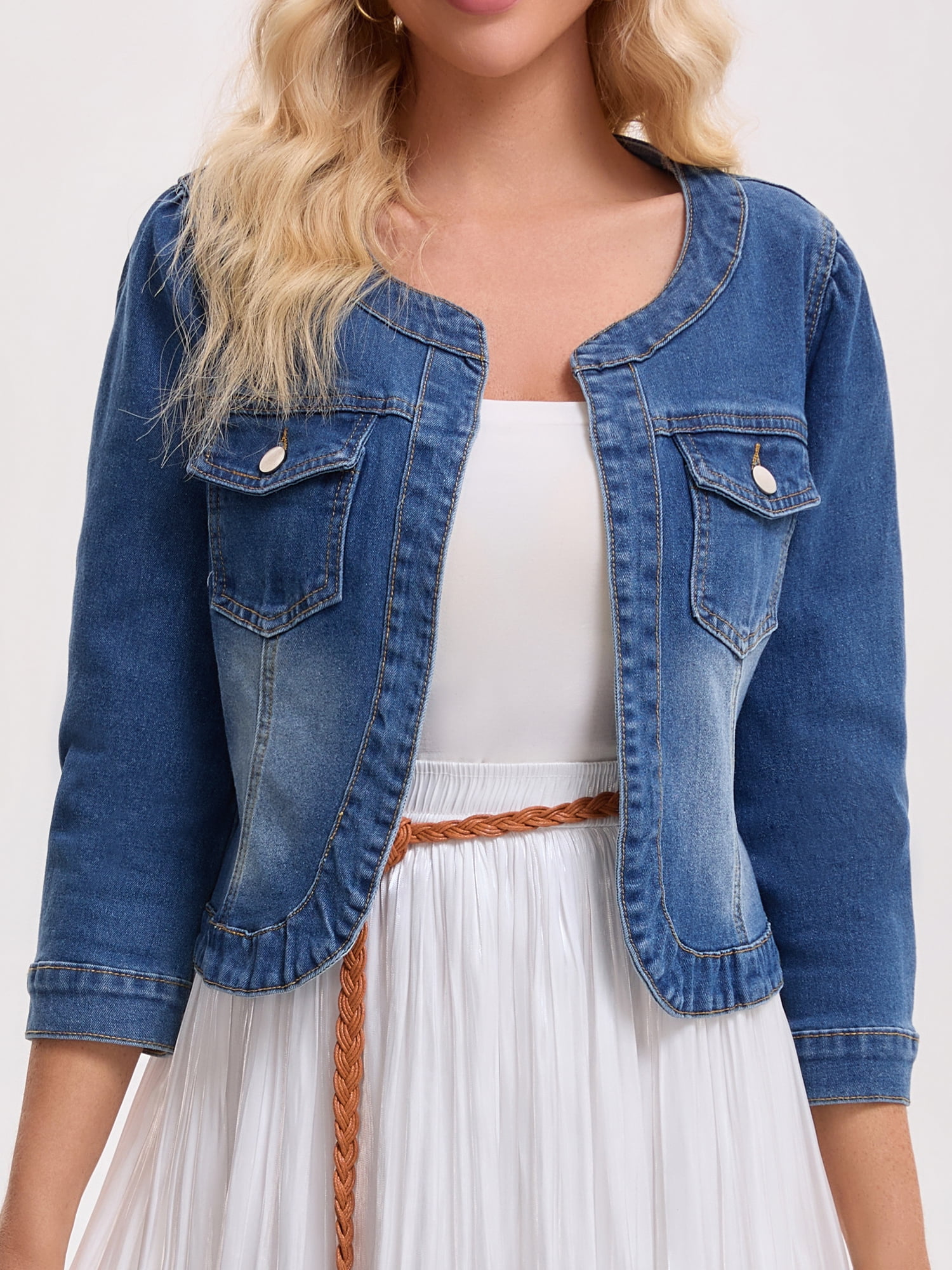 DARING DIVA Women's Collarless Cardigan 3/4 Sleeve Jean Jacket 2XL Blue