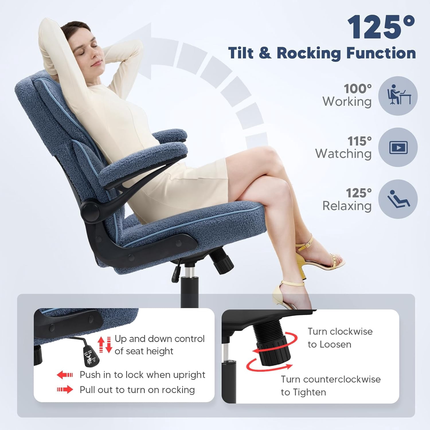 SEATZONE Home Office Desk Chairs with Wheels and Armrests,Office Chair Comfortable Ergonomic Mesh with Teddy Fleece Fabric Executive Computer Chairs for Adults and Teens,Blue
