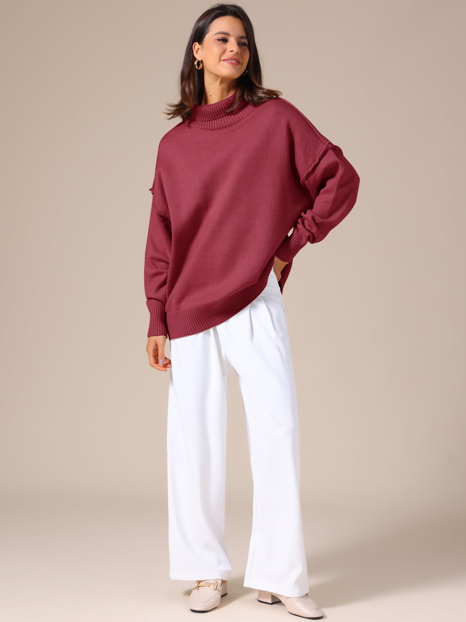 DARING DIVA Women's Oversized Mock Neck Long Sleeve Pullover Sweater 2XL Wine Red