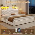 thumbnail image 5 of Afuhokles King Size Bed Frame with 6 Drawers and Lighted Headboard, Velvet Upholstered Platform Bed with Charging Station, Beige, 5 of 8