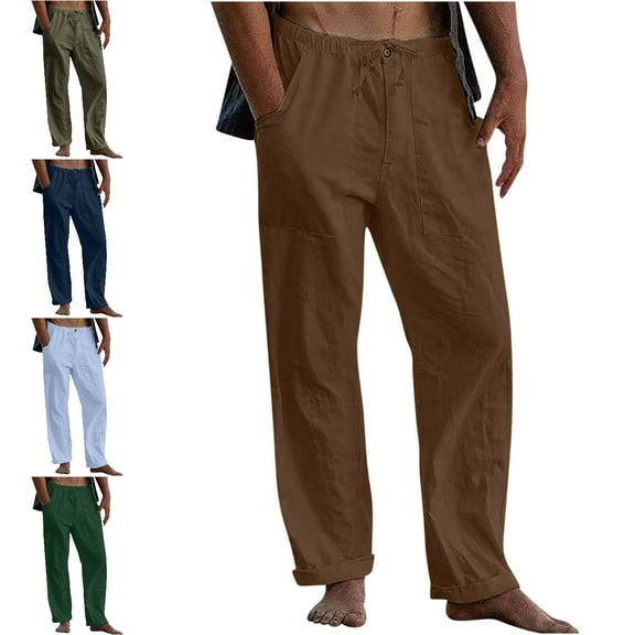 Xzbqbs Men's Casual Cotton Linen Pants Loose Fit Elastic Waist Drawstring Straight-Legs Pants Summer Yoga Beach Long Trousers