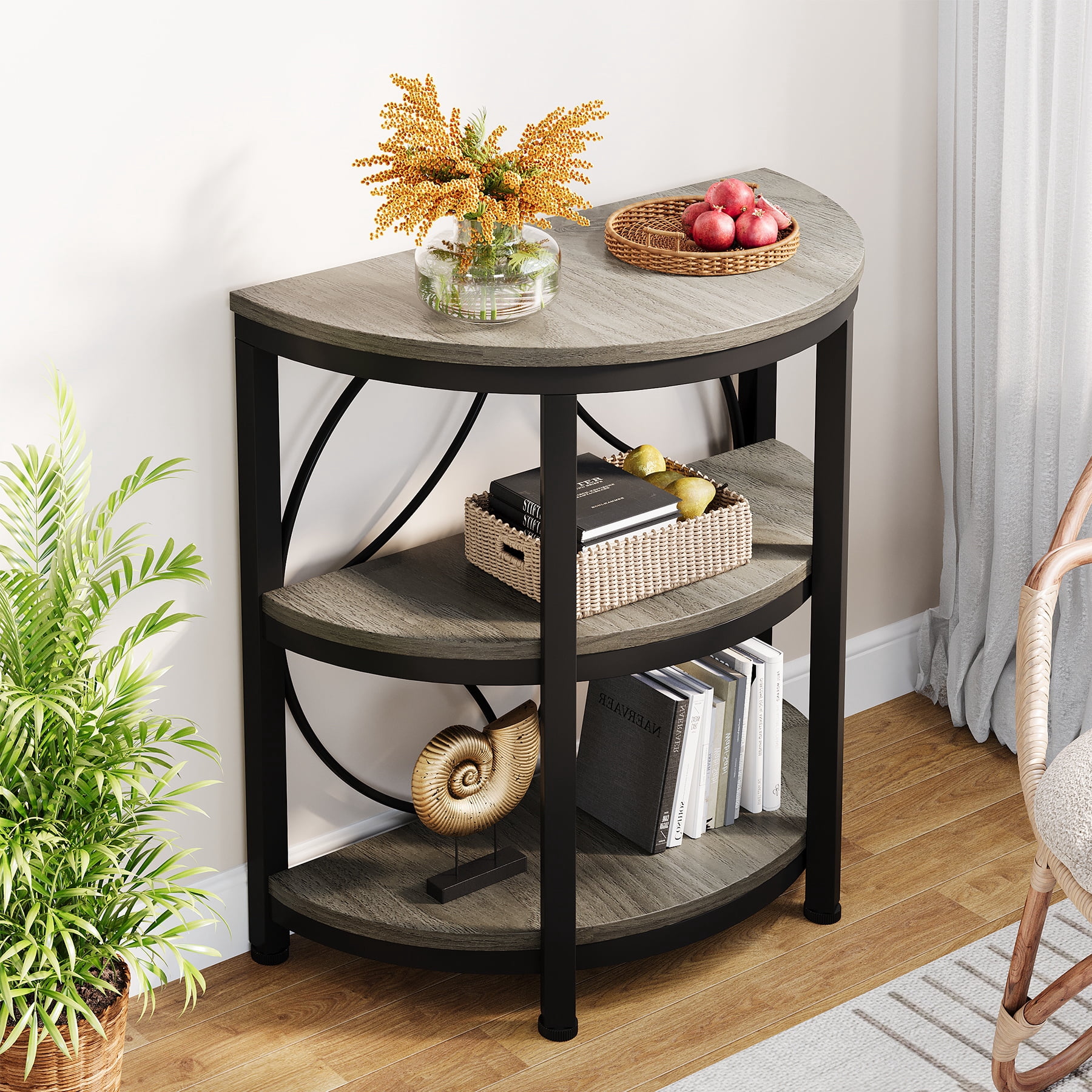 Fnova Farmhouse Half-Moon End Table, 3-Tier Storage Wood Side Table with Metal Frame, Modern Bedside Table, Narrow Sofa Table for Living Room Bedroom, Easy Assembly, Gray