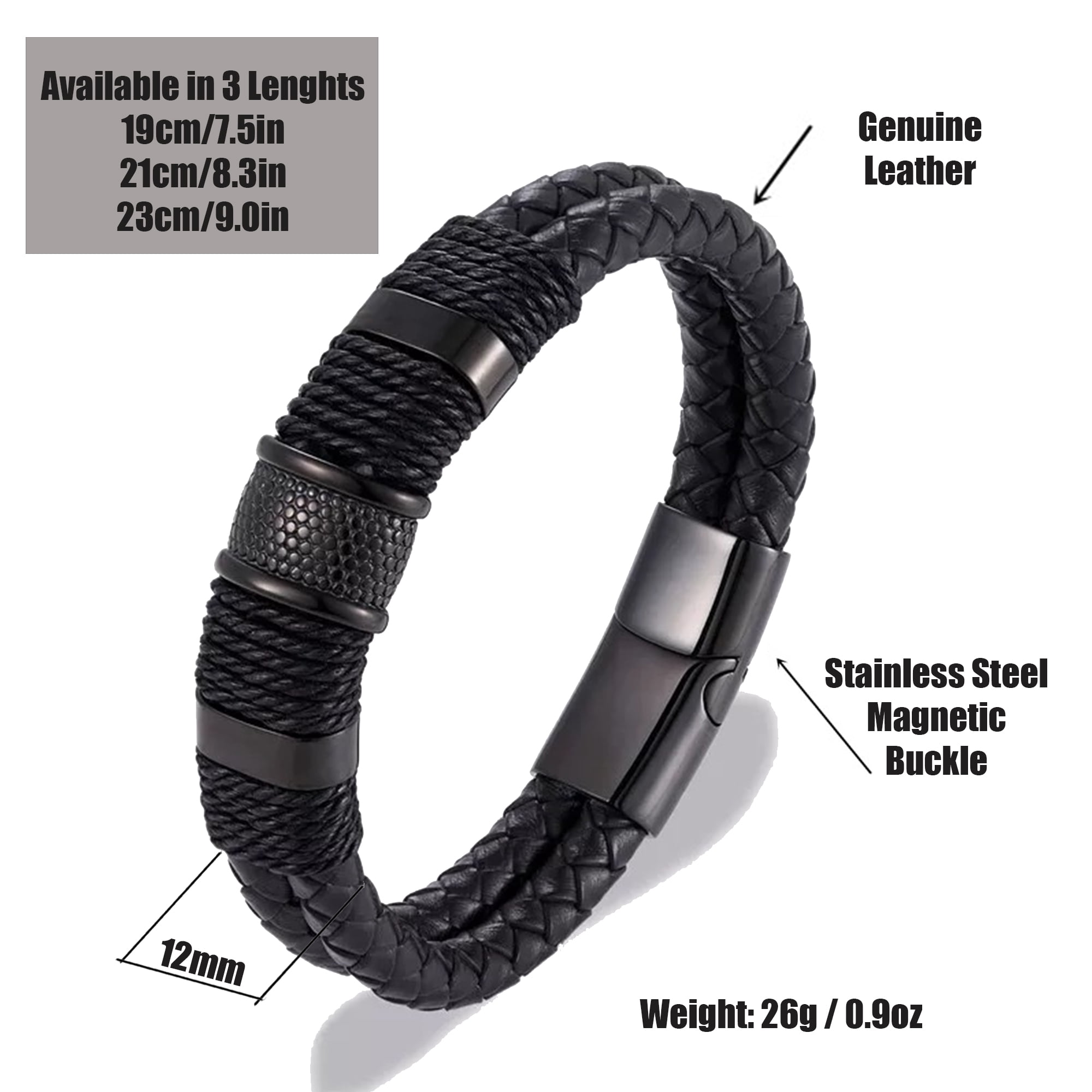 Double Layer Woven Leather Rope Bracelet for Men in 3 Lengths, Black, 9.0 in