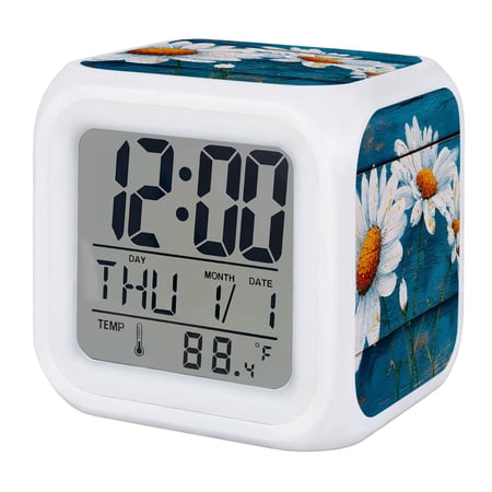 White Daisy Digital Alarm Clock for Bedrooms,Smart LED Alarm Clock with 7 Color Changing Night Light,Farmhouse Watercolor Flowers Blue Wooden Grain Silent Wake Up Clocks for Sleep Study 3.2x3.2