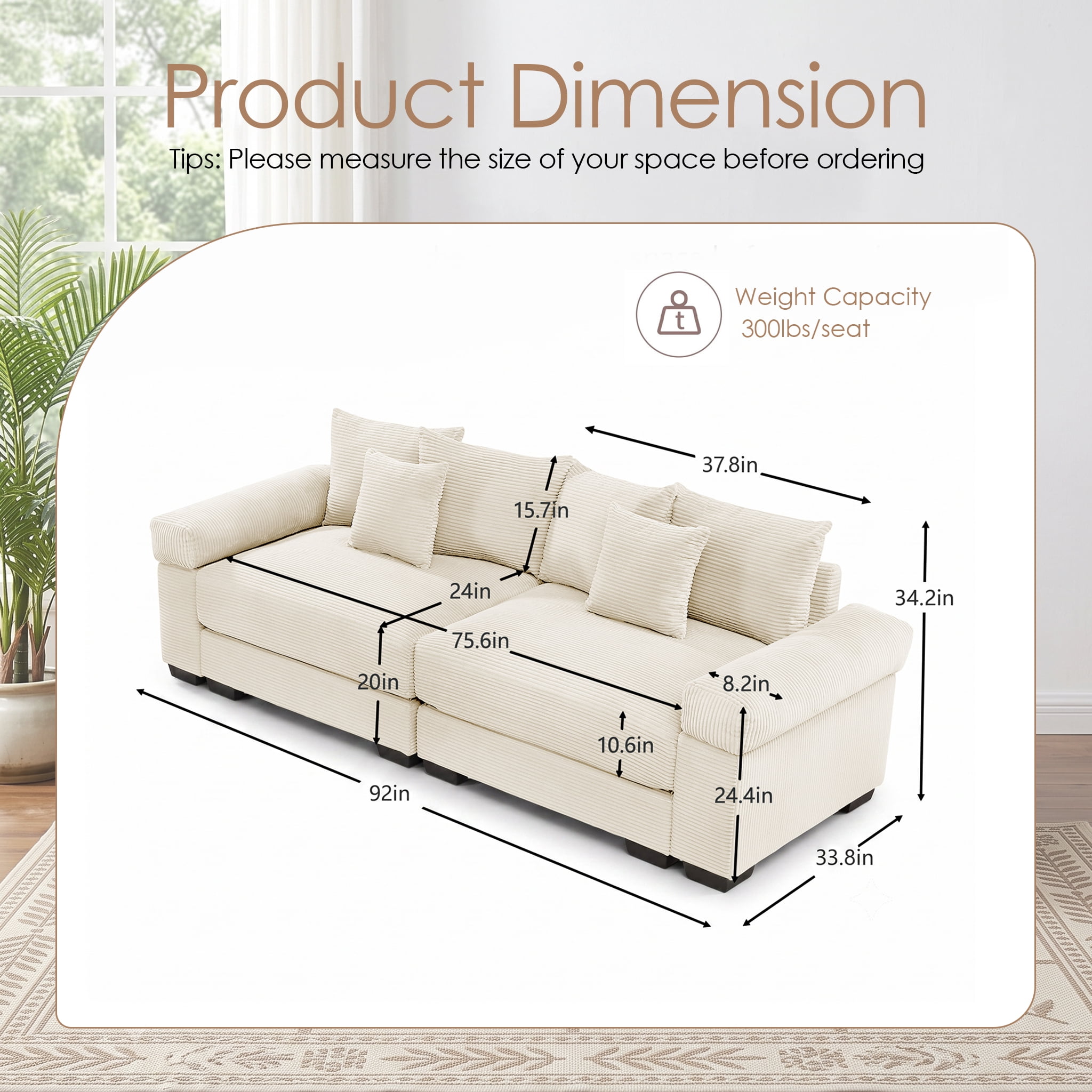 Anpport 92" Oversized Cloud Modular 2-Seater Beige Corduroy 2-Seater, Washable Removable Covers, Double-Layer Thick Cushions, Wide Armrest Small Apartment Sofa