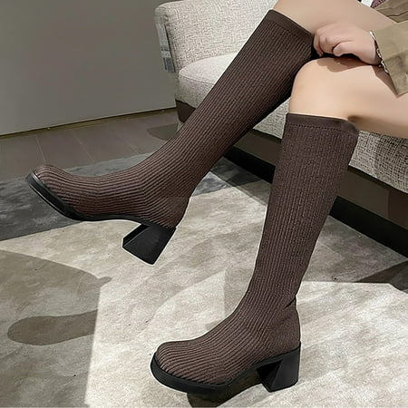 

ERTUTUYI 2022 Women s Autumn And Winter New Vintage British Style Round Head Thick Heel Elastic Flying Weaving Socks Boots Fashion Boots Brown 41