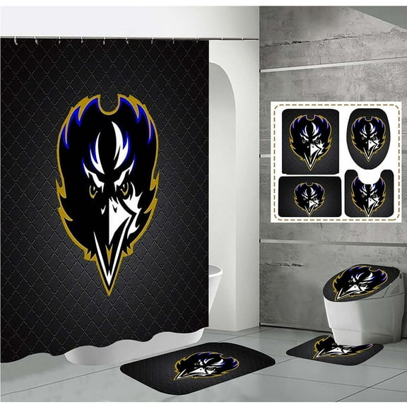 4 Pcs Shower Curtain Set with Toilet Lid Cover Mat Non-Slip Rug Bath Mat and Waterproof Shower Curtains with Hooks American Sports Football Bathroom Decoration Machine Washable