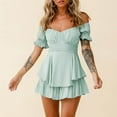 thumbnail image 4 of Timegard Rompers for Women Cold Shoulder Short Sleeve Ruched Ruffle Solid Color Short Jumpsuit Summer, 4 of 8