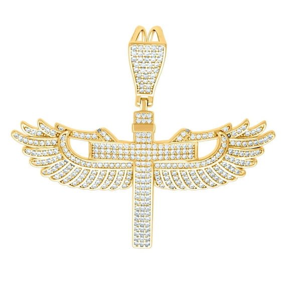 925 Sterling Silver Yellow-tone Mens Cubic Zirconia Angel Wings Cross Religious Pendant 43.2x52.2mm Wide Necklace for Me