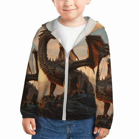 

Qekee Sky Sunset Bronze Dragon Print UPF 50+ Kids Sun-Protective Hooded Long Sleeve Rash Guard for Fishing Water Beach Sports -5 Years