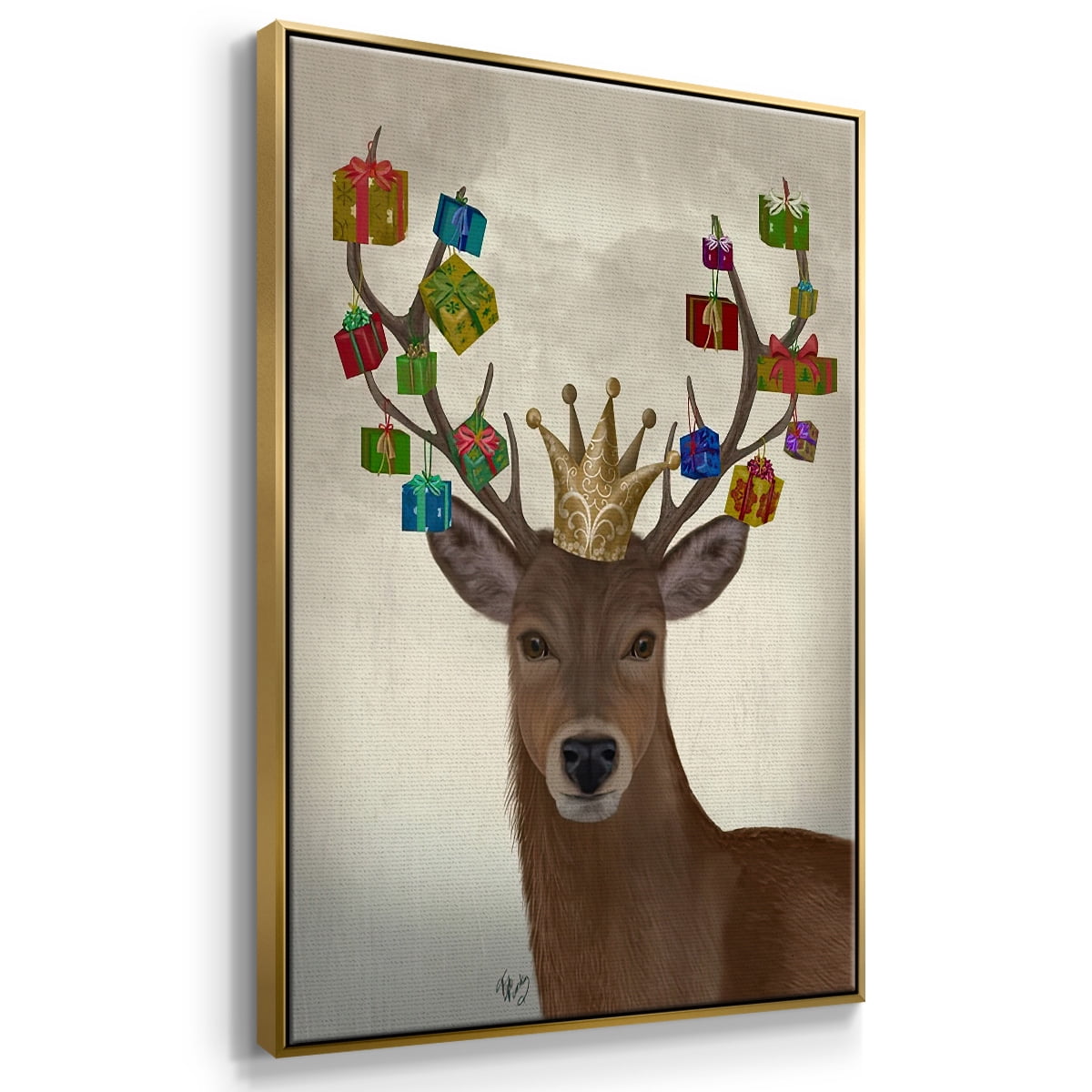 Christmas Gift Bearing Deer - Framed Gallery Wrapped Holiday Canvas - 25 x 37 - Gold Frame