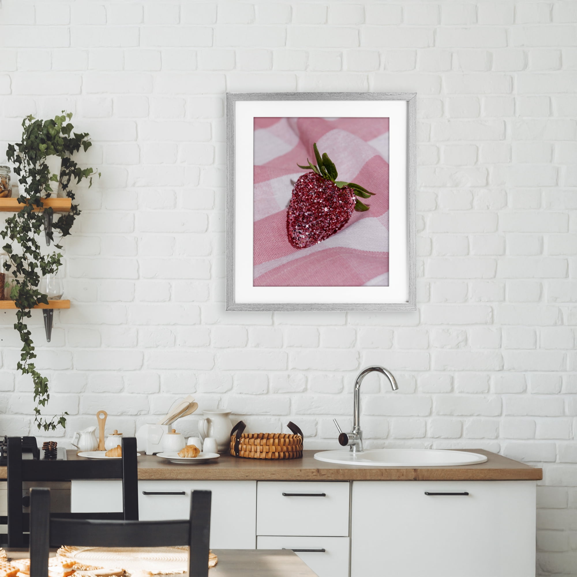 Stupell Industries Glimmer Strawberry on Pink Gray Framed Print Under Glass, design by LISH Creative