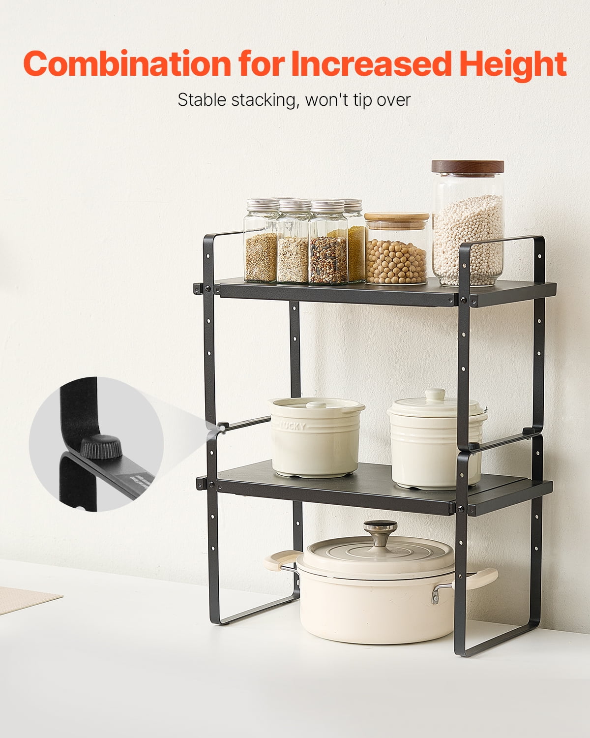VEVOR Adjustable Kitchen Cabinet Shelf Organizer, Expandable 2 Tier Cabinet Shelf, Stackable Countertop Organizers and Storage Shelf Risers, Pantry Organizers for Kitchen Bathroom Office, Black