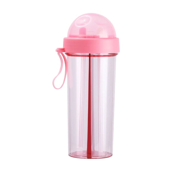 Dual Drink Water Bottle with 2 Straws Split Compartment Travel Cup Pink 600ml Couple Outdoor Drinking Bottle for Camping Hiking Backpacking Travel