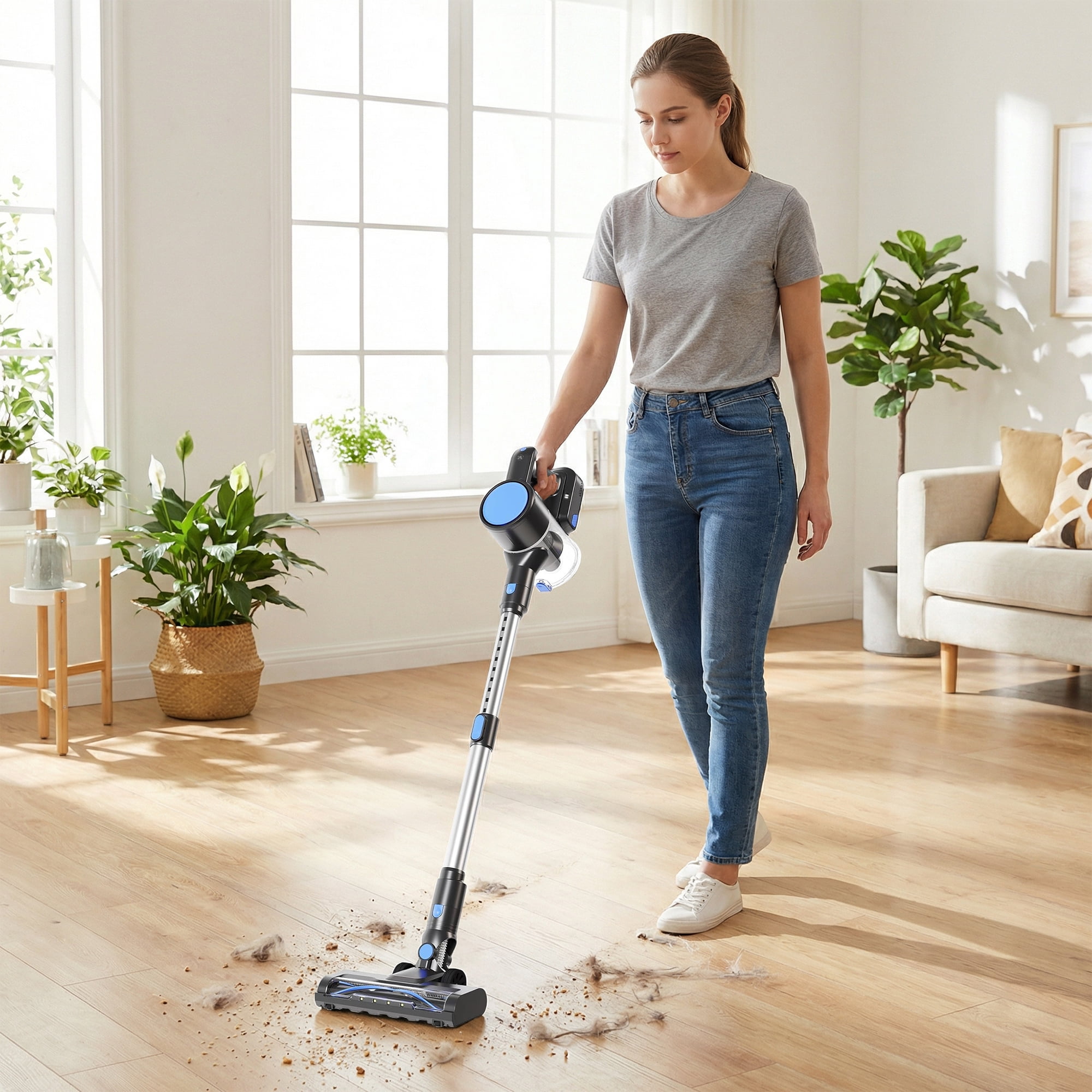 Atilioo Cordless Vacuum Cleaner for Home, Removable Handheld Lightweight Stick Vacuum with LED Headlights for Pet Hair, Hard Floor, Carpet, Silver