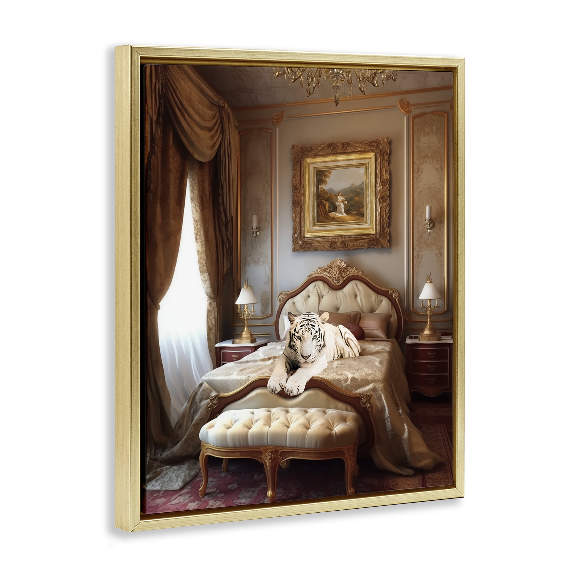 Stupell Industries Tiger in Regal Room Animals Painting Gold Floater Framed Canvas Art Print Wall Art, 17 x 21