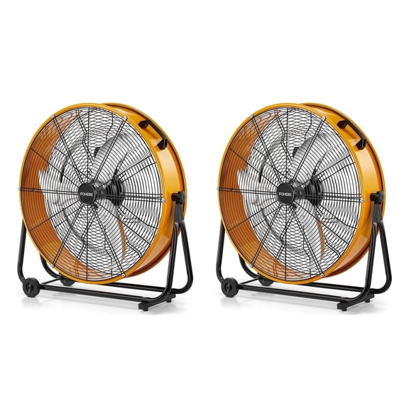 FOHERE 2PCS 24 Inch High Velocity Industrial Drum Fan, 8100 CFM Heavy Duty Metal Floor Fan with Wheels, 360° Tilt 3-Speed Shop Fan, Portable Barn Fan with Wide Handle for Warehouse, Garage, Factory