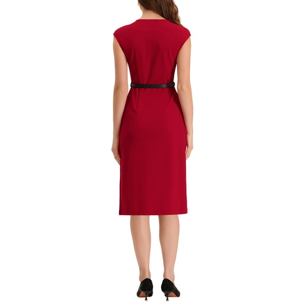 MODA NOVA Elegant Wear-to-Work Dress for Juniors Round Neck Cap Sleeve  Belted Sheath Midi Dresses