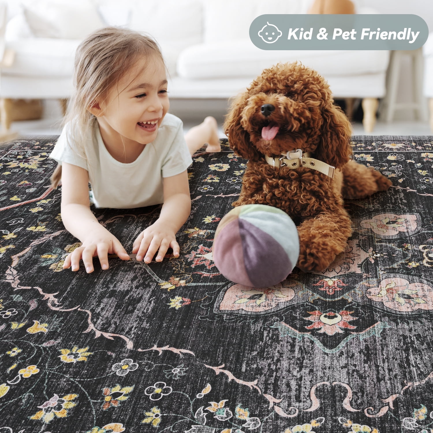 VUNATE 9'x12' Area Rugs for Living Room Washable Rugs Floral Vintage Area Rug Botanical Indoor Carpet Soft Rugs for Bedroom Office Dining Room Kitchen Accent Rug Contemporary Home Decor Black