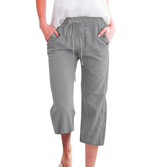 Hifoo Women's Solid Color Linen Blend Calf Length Pants Loose Fit Casual Trousers With Pockets Leisure Slacks