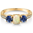 thumbnail image 3 of Gem Stone King 1.83 Cttw Oval Cabochon White Ethiopian Opal Blue Created Sapphire 18K Yellow Gold Plated Silver Ring | Wedding Engagement Anniversary Promise Ring for Women | Size 9, 3 of 6