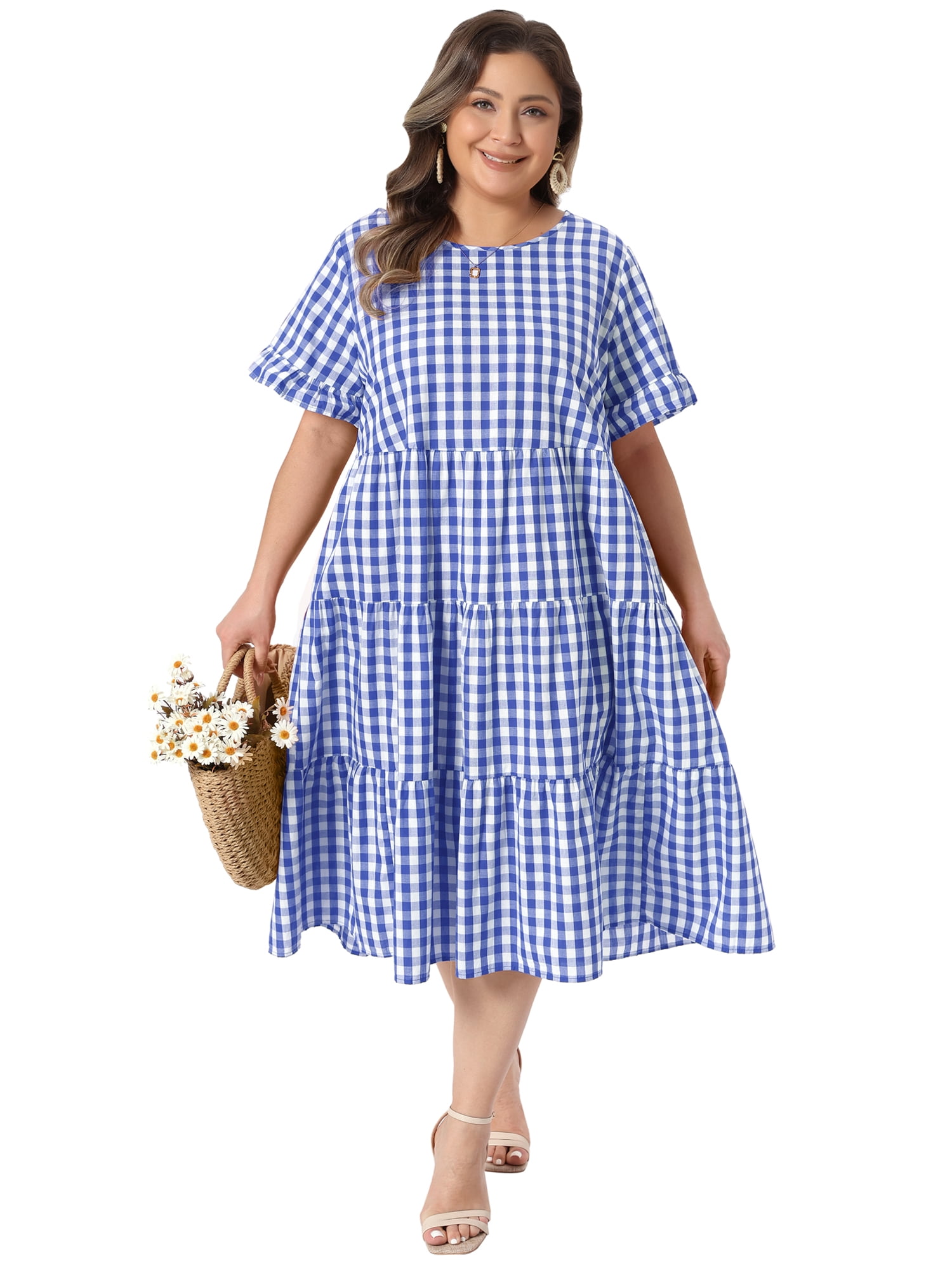 DARING DIVA Women's Plus Gingham Plaid Round Neck Dress 2X Dark Blue