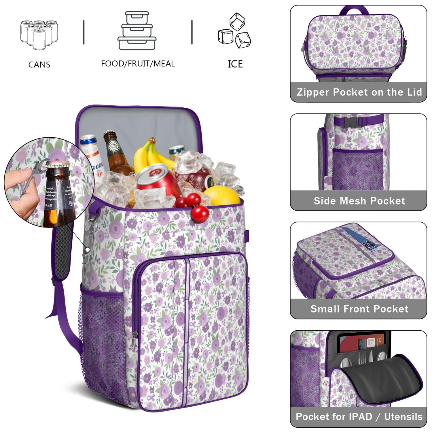 Travel Cooler Bag - Pioneer Flower Floral Print Pattern Camping Beer Cooler Backpack with Bottle Opener- Waterproof Insulated Picnic Backpacks - Cooler Bag for Beach